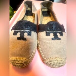 Tory Burch Cream and Black Espadrilles with Nautical Design
